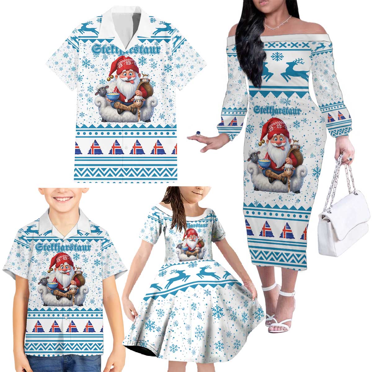 Iceland Christmas Family Matching Off The Shoulder Long Sleeve Dress and Hawaiian Shirt Stekkjastaur Sheep-Cote-Clod LT19