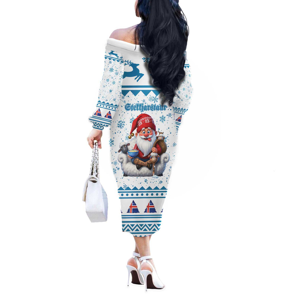 Iceland Christmas Off The Shoulder Long Sleeve Dress Stekkjastaur Sheep-Cote-Clod LT19