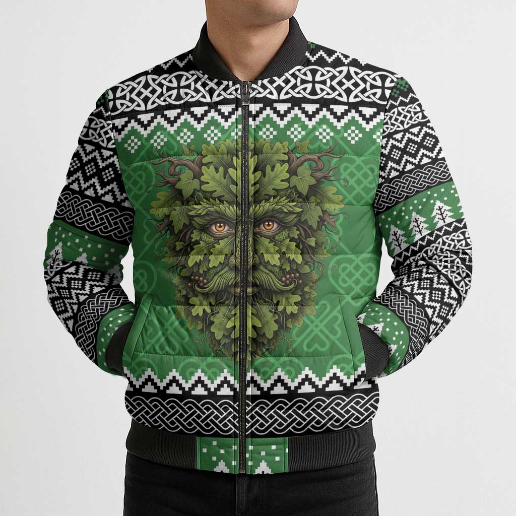 Personalized Anglesey Wales Christmas Bomber Puffer Jacket Green Man Celtic Knot - Wonder Print Shop
