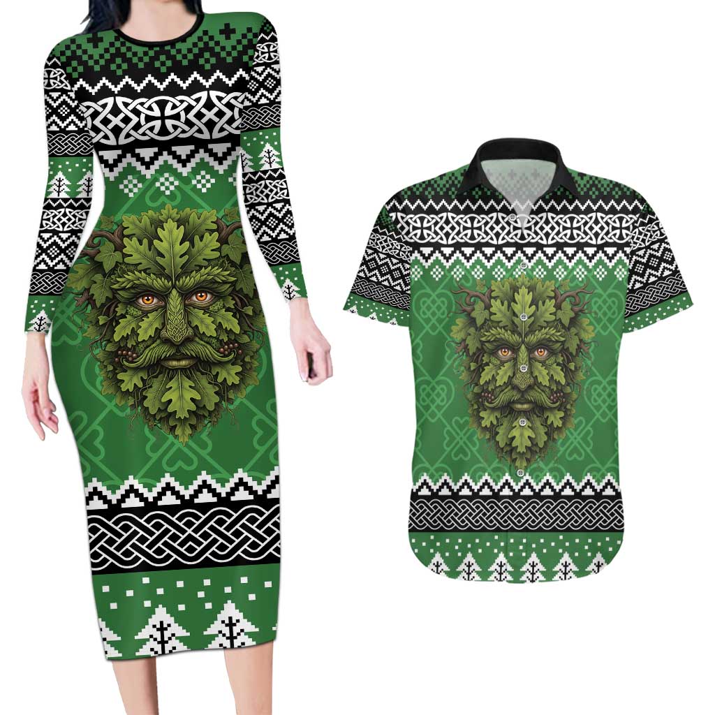 Personalized Anglesey Wales Christmas Couples Matching Long Sleeve Bodycon Dress and Hawaiian Shirt Green Man Celtic Knot - Wonder Print Shop