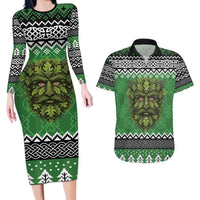 Personalized Anglesey Wales Christmas Couples Matching Long Sleeve Bodycon Dress and Hawaiian Shirt Green Man Celtic Knot - Wonder Print Shop