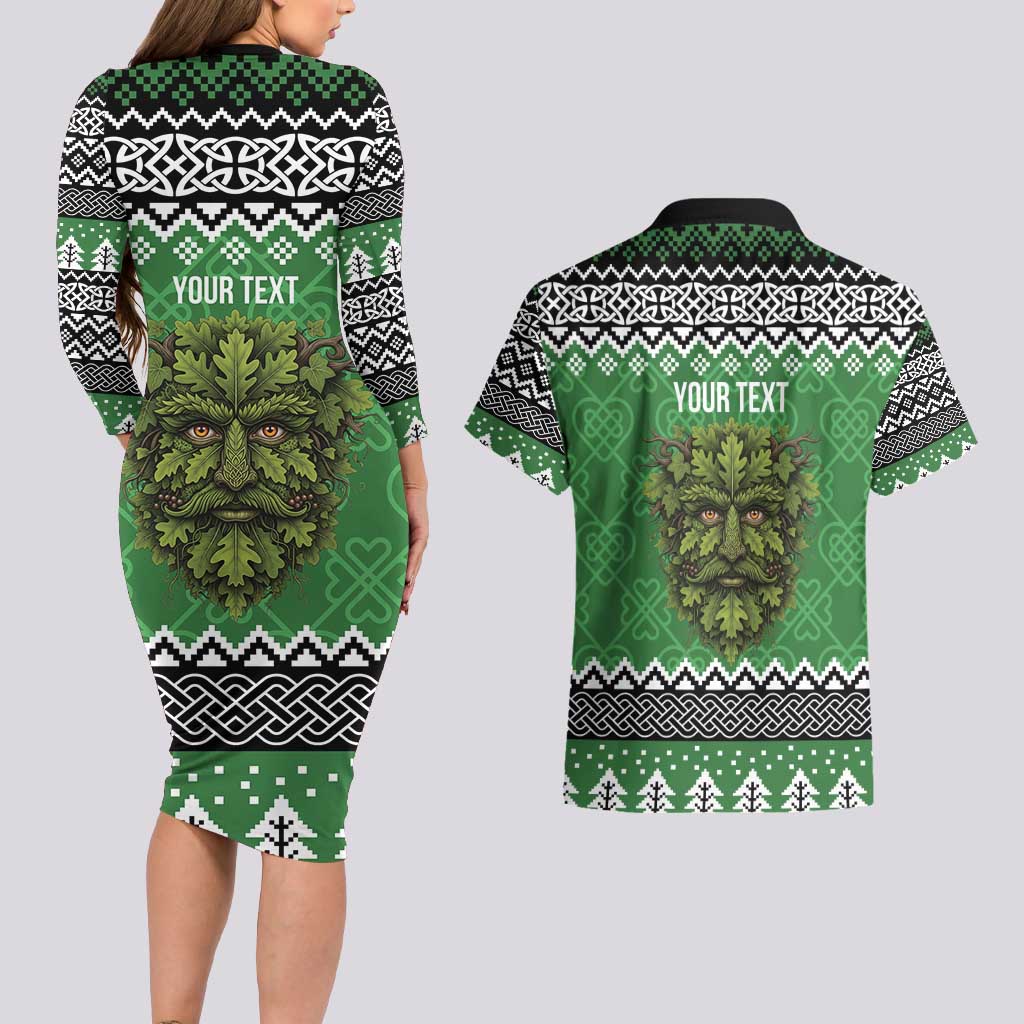 Personalized Anglesey Wales Christmas Couples Matching Long Sleeve Bodycon Dress and Hawaiian Shirt Green Man Celtic Knot - Wonder Print Shop