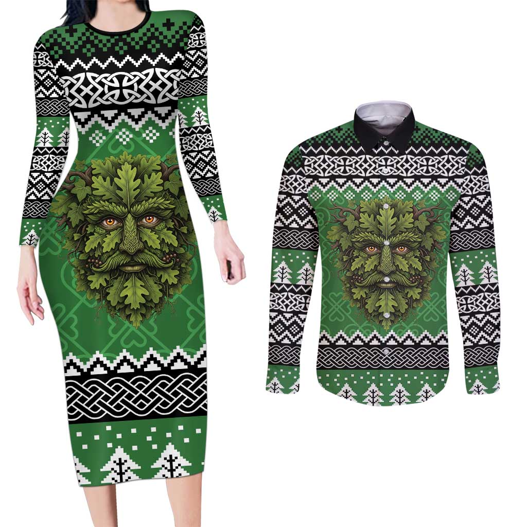 Personalized Anglesey Wales Christmas Couples Matching Long Sleeve Bodycon Dress and Long Sleeve Button Shirt Green Man Celtic Knot - Wonder Print Shop
