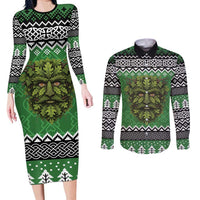 Personalized Anglesey Wales Christmas Couples Matching Long Sleeve Bodycon Dress and Long Sleeve Button Shirt Green Man Celtic Knot - Wonder Print Shop
