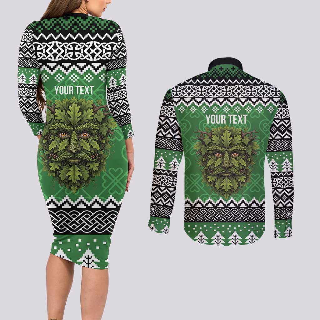 Personalized Anglesey Wales Christmas Couples Matching Long Sleeve Bodycon Dress and Long Sleeve Button Shirt Green Man Celtic Knot - Wonder Print Shop