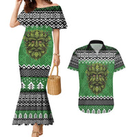 Personalized Anglesey Wales Christmas Couples Matching Mermaid Dress and Hawaiian Shirt Green Man Celtic Knot - Wonder Print Shop