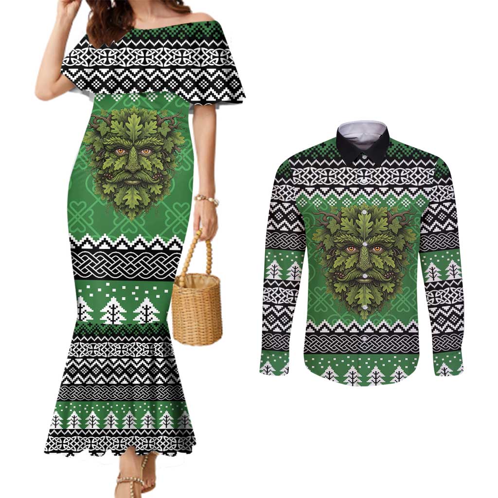 Personalized Anglesey Wales Christmas Couples Matching Mermaid Dress and Long Sleeve Button Shirt Green Man Celtic Knot - Wonder Print Shop