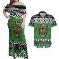 Personalized Anglesey Wales Christmas Couples Matching Off Shoulder Maxi Dress and Hawaiian Shirt Green Man Celtic Knot - Wonder Print Shop