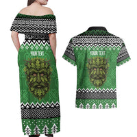 Personalized Anglesey Wales Christmas Couples Matching Off Shoulder Maxi Dress and Hawaiian Shirt Green Man Celtic Knot - Wonder Print Shop