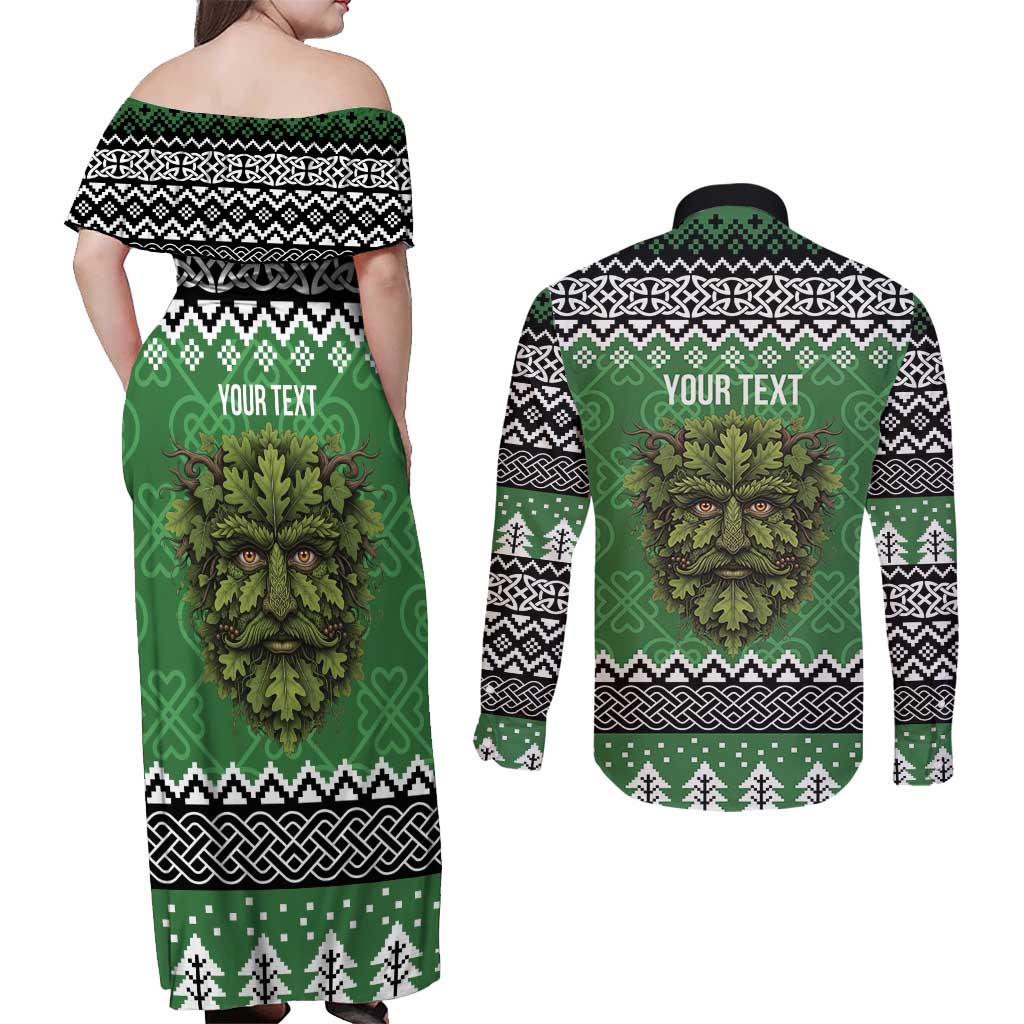 Personalized Anglesey Wales Christmas Couples Matching Off Shoulder Maxi Dress and Long Sleeve Button Shirt Green Man Celtic Knot - Wonder Print Shop