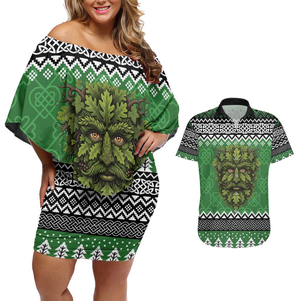 Personalized Anglesey Wales Christmas Couples Matching Off Shoulder Short Dress and Hawaiian Shirt Green Man Celtic Knot - Wonder Print Shop