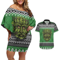 Personalized Anglesey Wales Christmas Couples Matching Off Shoulder Short Dress and Hawaiian Shirt Green Man Celtic Knot - Wonder Print Shop