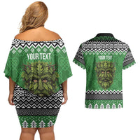 Personalized Anglesey Wales Christmas Couples Matching Off Shoulder Short Dress and Hawaiian Shirt Green Man Celtic Knot - Wonder Print Shop