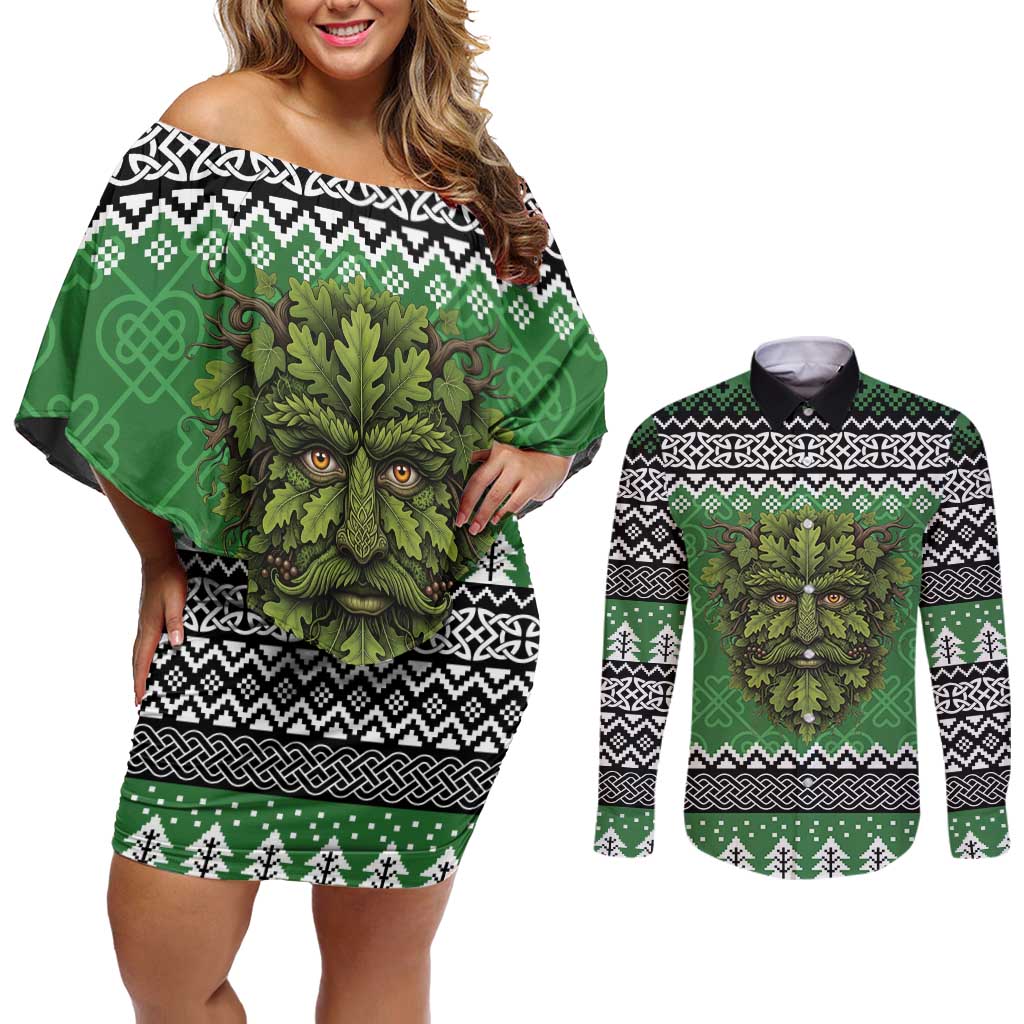 Personalized Anglesey Wales Christmas Couples Matching Off Shoulder Short Dress and Long Sleeve Button Shirt Green Man Celtic Knot - Wonder Print Shop