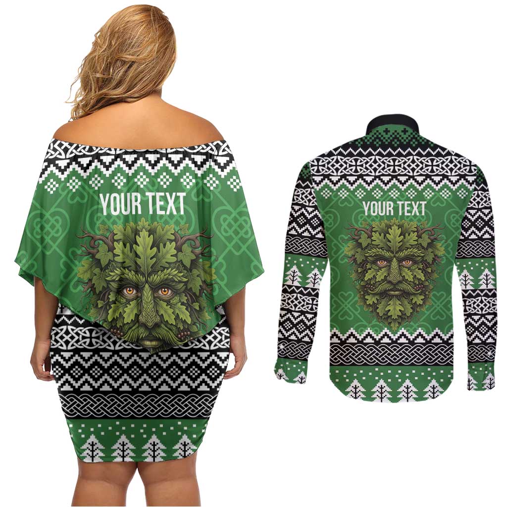 Personalized Anglesey Wales Christmas Couples Matching Off Shoulder Short Dress and Long Sleeve Button Shirt Green Man Celtic Knot - Wonder Print Shop