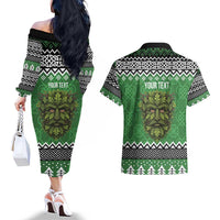 Personalized Anglesey Wales Christmas Couples Matching Off The Shoulder Long Sleeve Dress and Hawaiian Shirt Green Man Celtic Knot - Wonder Print Shop