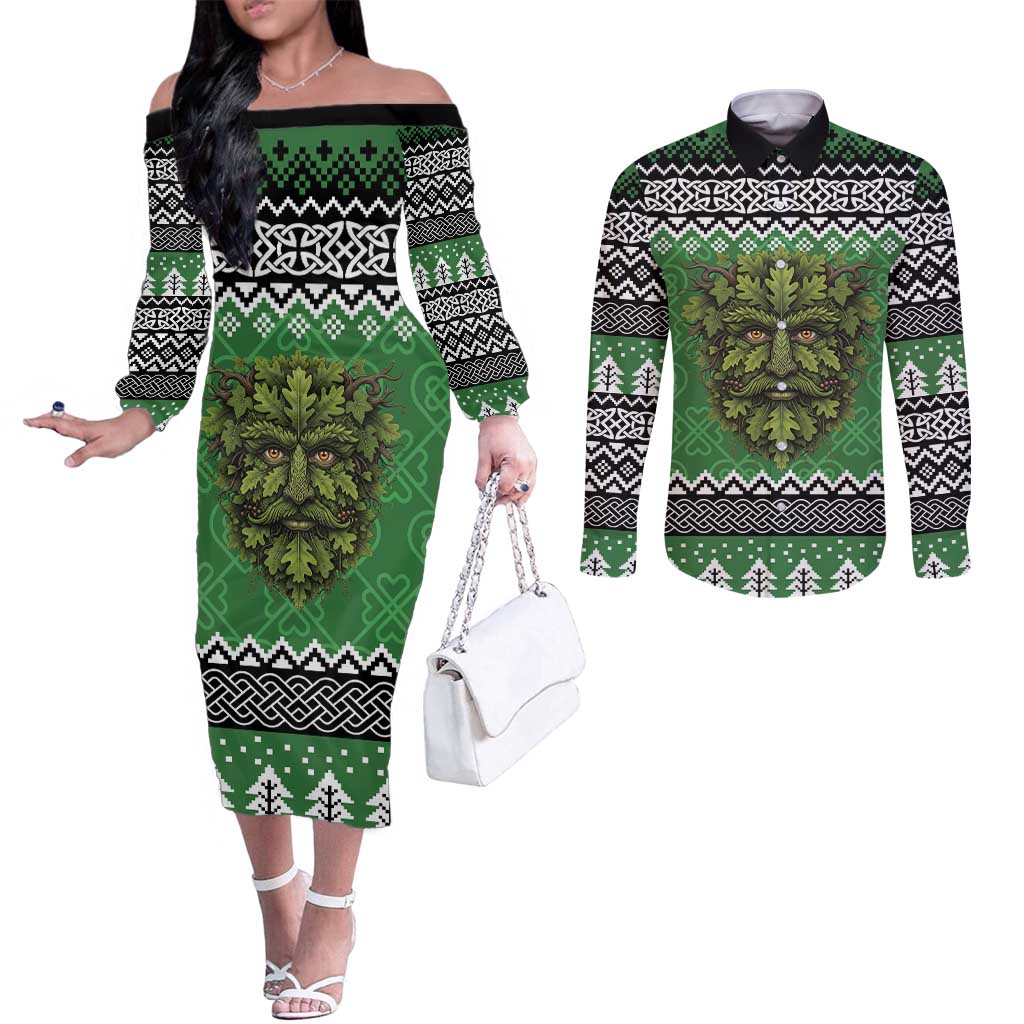 Personalized Anglesey Wales Christmas Couples Matching Off The Shoulder Long Sleeve Dress and Long Sleeve Button Shirt Green Man Celtic Knot - Wonder Print Shop