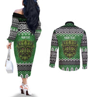 Personalized Anglesey Wales Christmas Couples Matching Off The Shoulder Long Sleeve Dress and Long Sleeve Button Shirt Green Man Celtic Knot - Wonder Print Shop