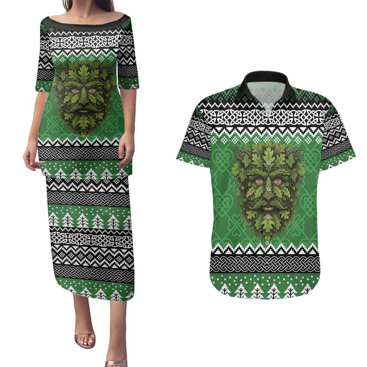 Personalized Anglesey Wales Christmas Couples Matching Puletasi and Hawaiian Shirt Green Man Celtic Knot - Wonder Print Shop