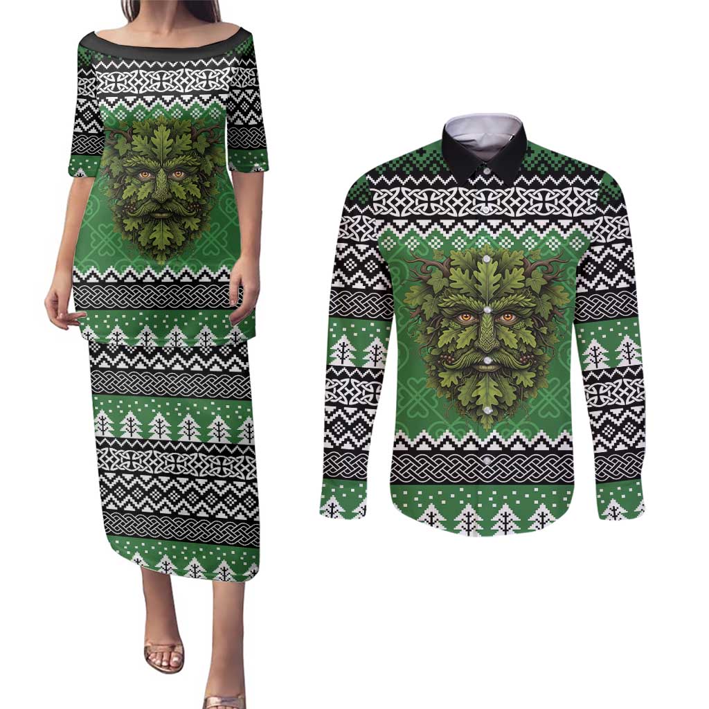 Personalized Anglesey Wales Christmas Couples Matching Puletasi and Long Sleeve Button Shirt Green Man Celtic Knot - Wonder Print Shop