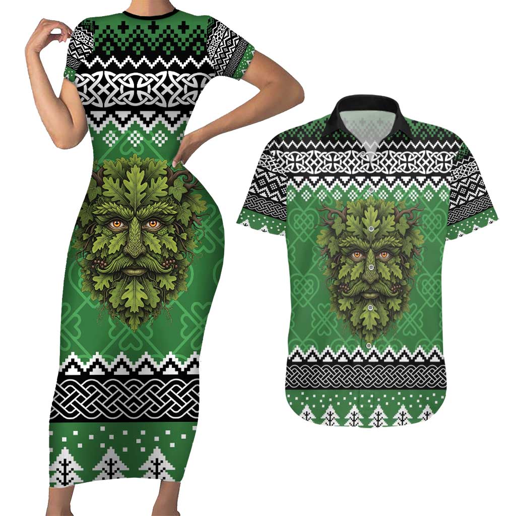 Personalized Anglesey Wales Christmas Couples Matching Short Sleeve Bodycon Dress and Hawaiian Shirt Green Man Celtic Knot - Wonder Print Shop