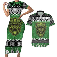 Personalized Anglesey Wales Christmas Couples Matching Short Sleeve Bodycon Dress and Hawaiian Shirt Green Man Celtic Knot - Wonder Print Shop