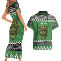 Personalized Anglesey Wales Christmas Couples Matching Short Sleeve Bodycon Dress and Hawaiian Shirt Green Man Celtic Knot - Wonder Print Shop