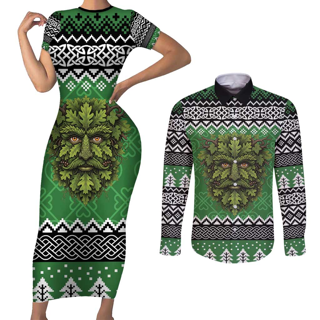Personalized Anglesey Wales Christmas Couples Matching Short Sleeve Bodycon Dress and Long Sleeve Button Shirt Green Man Celtic Knot - Wonder Print Shop