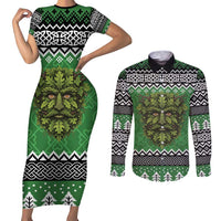 Personalized Anglesey Wales Christmas Couples Matching Short Sleeve Bodycon Dress and Long Sleeve Button Shirt Green Man Celtic Knot - Wonder Print Shop