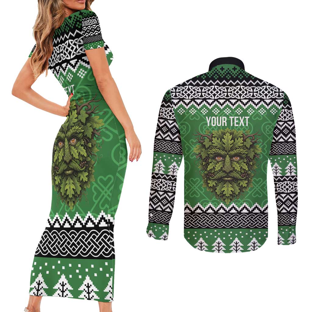 Personalized Anglesey Wales Christmas Couples Matching Short Sleeve Bodycon Dress and Long Sleeve Button Shirt Green Man Celtic Knot - Wonder Print Shop
