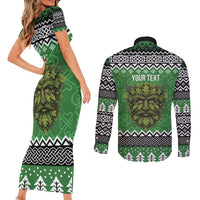 Personalized Anglesey Wales Christmas Couples Matching Short Sleeve Bodycon Dress and Long Sleeve Button Shirt Green Man Celtic Knot - Wonder Print Shop