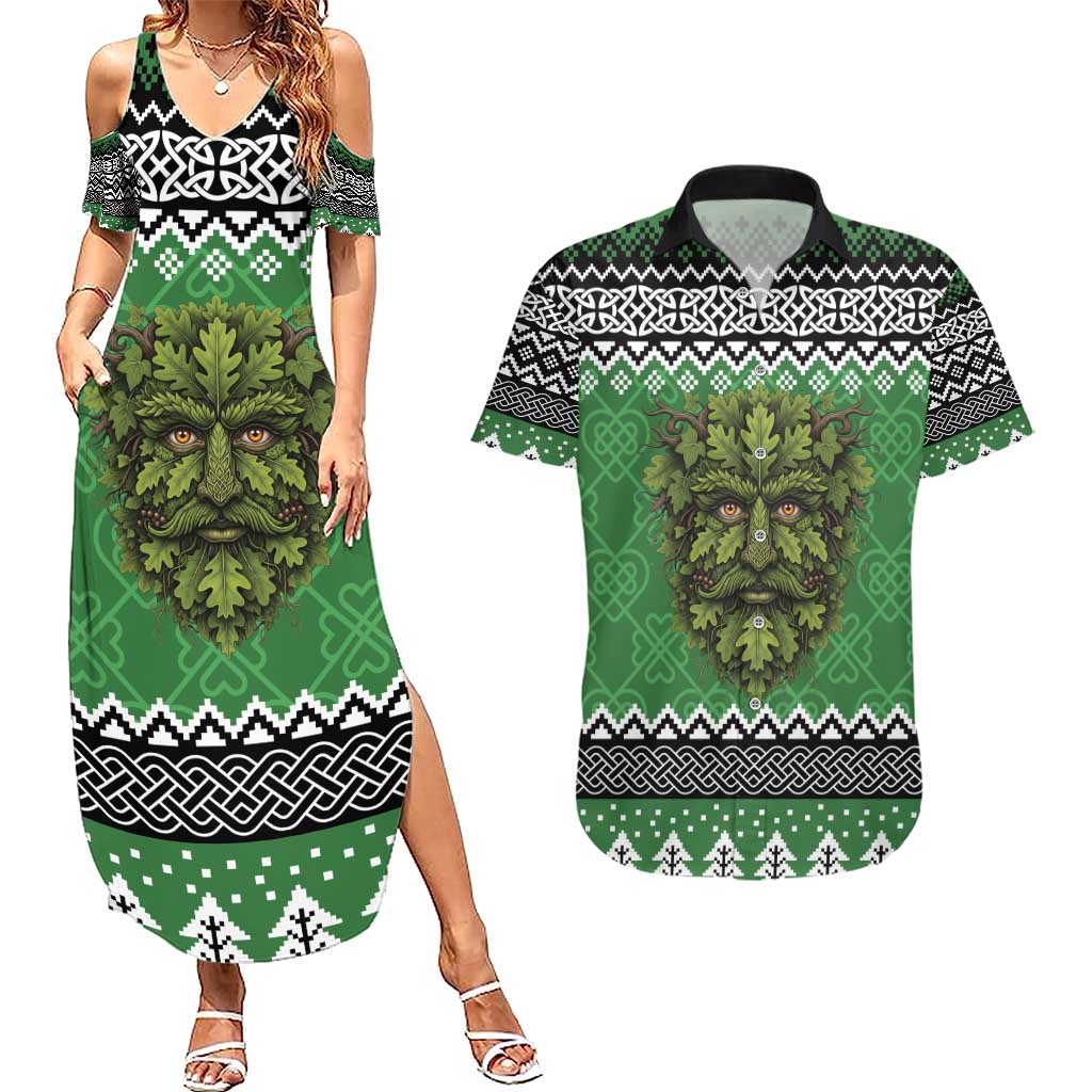 Personalized Anglesey Wales Christmas Couples Matching Summer Maxi Dress and Hawaiian Shirt Green Man Celtic Knot - Wonder Print Shop