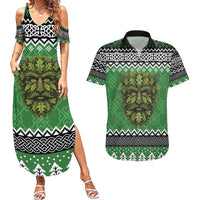 Personalized Anglesey Wales Christmas Couples Matching Summer Maxi Dress and Hawaiian Shirt Green Man Celtic Knot - Wonder Print Shop