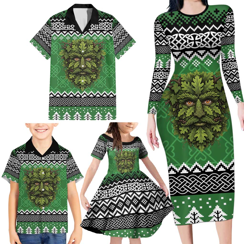 Personalized Anglesey Wales Christmas Family Matching Long Sleeve Bodycon Dress and Hawaiian Shirt Green Man Celtic Knot - Wonder Print Shop