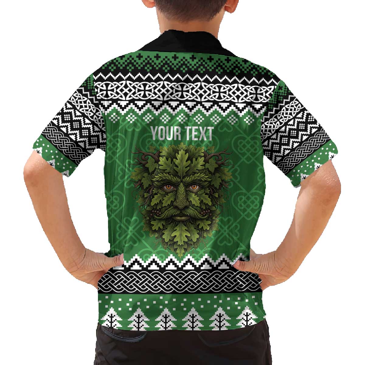 Personalized Anglesey Wales Christmas Family Matching Off The Shoulder Long Sleeve Dress and Hawaiian Shirt Green Man Celtic Knot - Wonder Print Shop
