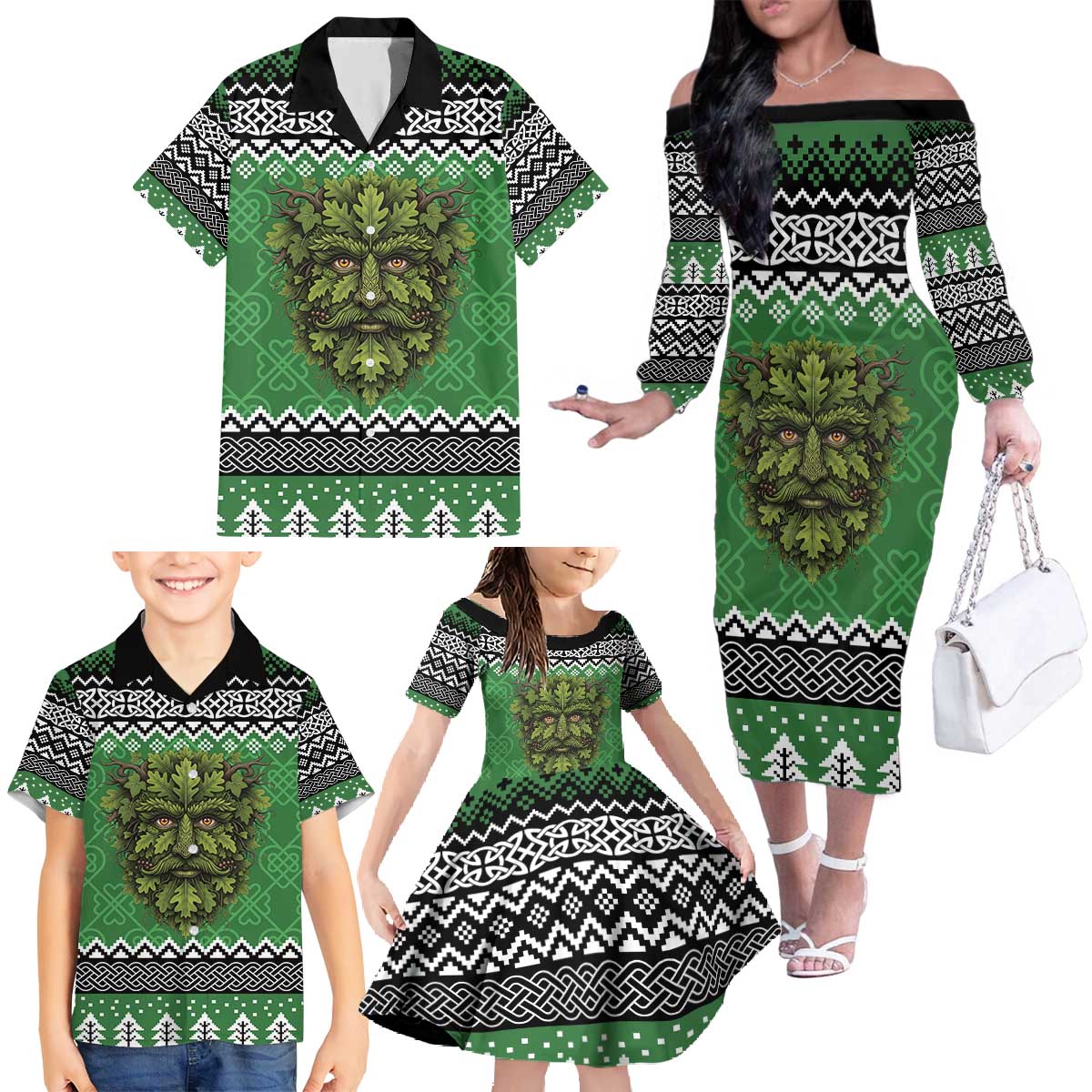 Personalized Anglesey Wales Christmas Family Matching Off The Shoulder Long Sleeve Dress and Hawaiian Shirt Green Man Celtic Knot - Wonder Print Shop
