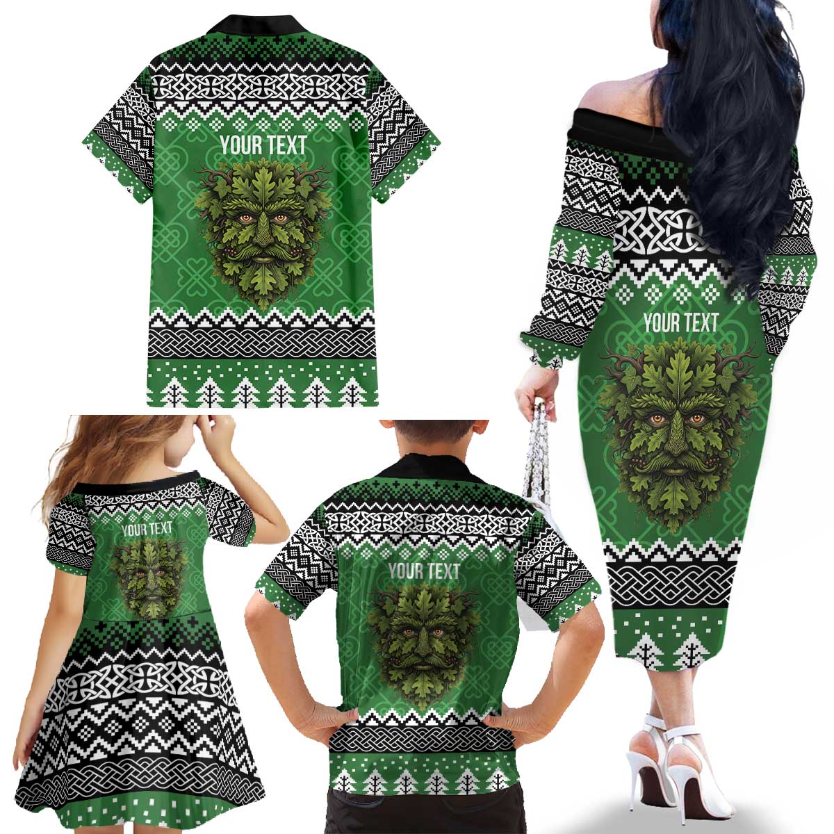 Personalized Anglesey Wales Christmas Family Matching Off The Shoulder Long Sleeve Dress and Hawaiian Shirt Green Man Celtic Knot - Wonder Print Shop
