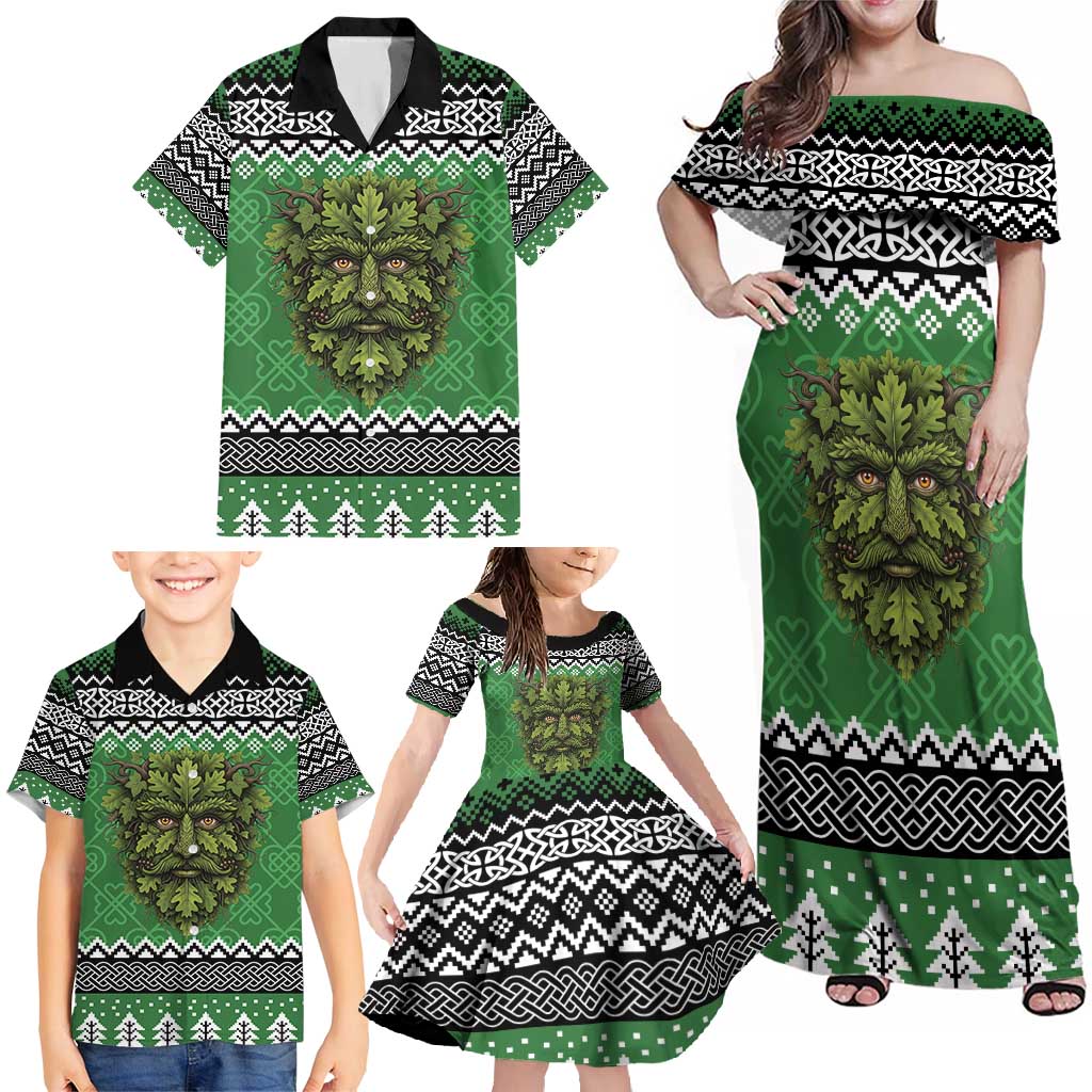 Personalized Anglesey Wales Christmas Family Matching Off Shoulder Maxi Dress and Hawaiian Shirt Green Man Celtic Knot - Wonder Print Shop