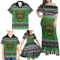 Personalized Anglesey Wales Christmas Family Matching Off Shoulder Maxi Dress and Hawaiian Shirt Green Man Celtic Knot - Wonder Print Shop
