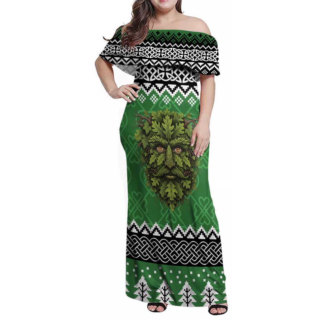 Personalized Anglesey Wales Christmas Family Matching Off Shoulder Maxi Dress and Hawaiian Shirt Green Man Celtic Knot - Wonder Print Shop
