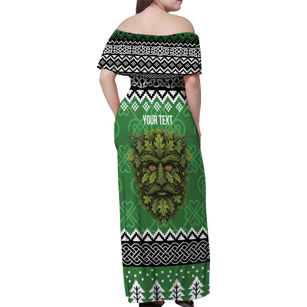 Personalized Anglesey Wales Christmas Family Matching Off Shoulder Maxi Dress and Hawaiian Shirt Green Man Celtic Knot - Wonder Print Shop