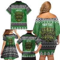 Personalized Anglesey Wales Christmas Family Matching Off Shoulder Short Dress and Hawaiian Shirt Green Man Celtic Knot - Wonder Print Shop