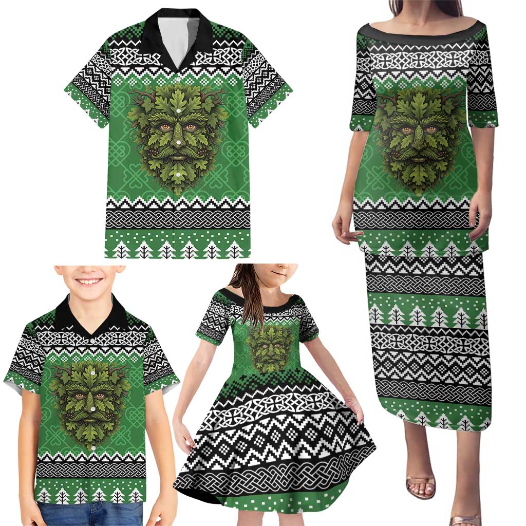 Personalized Anglesey Wales Christmas Family Matching Puletasi and Hawaiian Shirt Green Man Celtic Knot - Wonder Print Shop