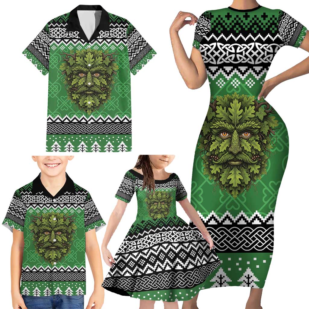 Personalized Anglesey Wales Christmas Family Matching Short Sleeve Bodycon Dress and Hawaiian Shirt Green Man Celtic Knot - Wonder Print Shop
