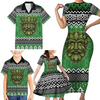 Personalized Anglesey Wales Christmas Family Matching Short Sleeve Bodycon Dress and Hawaiian Shirt Green Man Celtic Knot - Wonder Print Shop