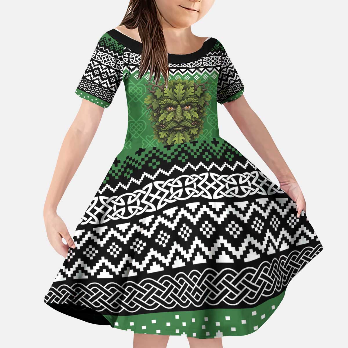 Personalized Anglesey Wales Christmas Kid Short Sleeve Dress Green Man Celtic Knot - Wonder Print Shop