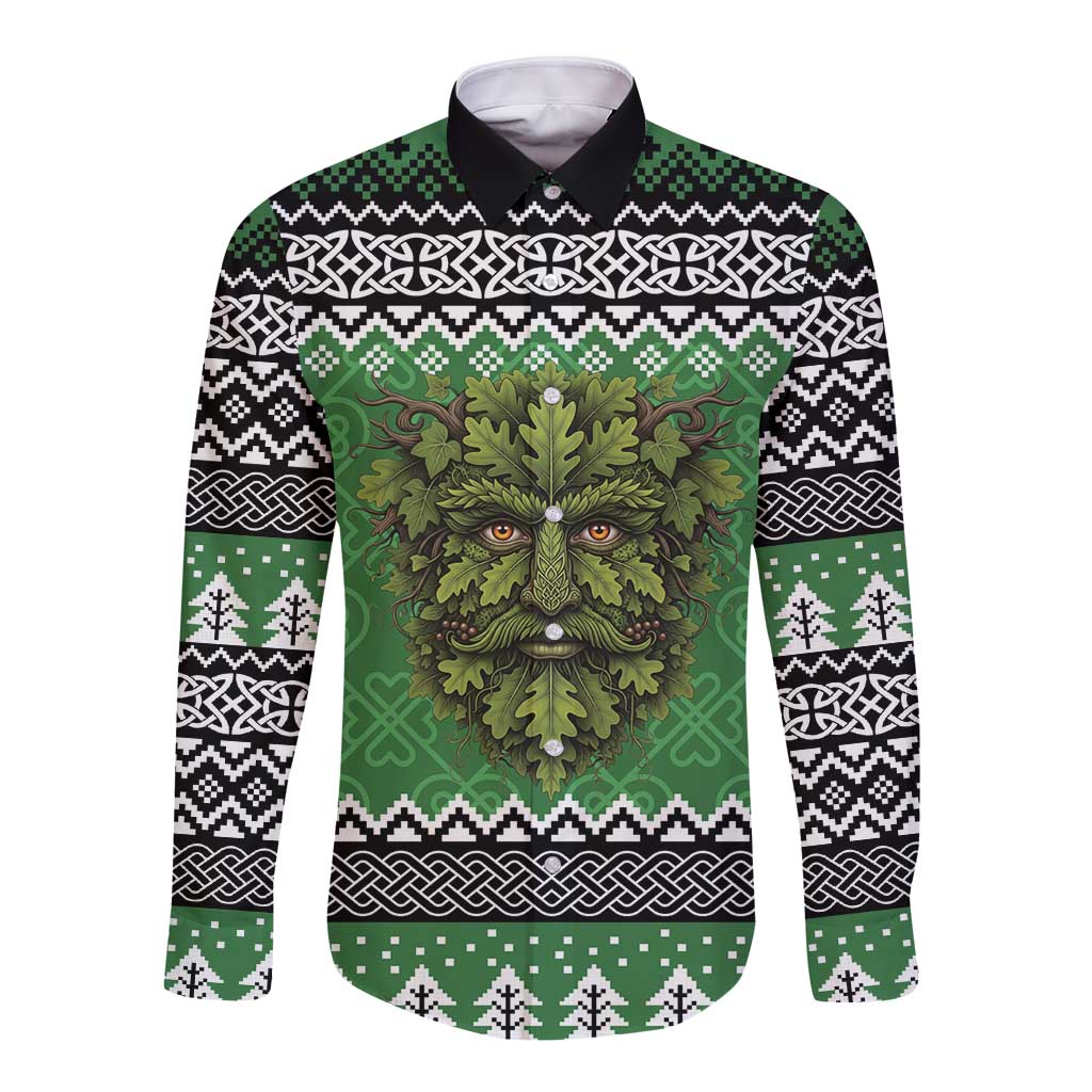 Personalized Anglesey Wales Christmas Long Sleeve Button Shirt Green Man Celtic Knot - Wonder Print Shop