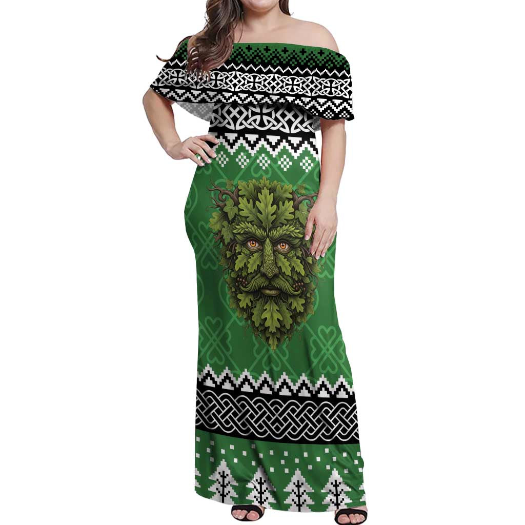 Personalized Anglesey Wales Christmas Off Shoulder Maxi Dress Green Man Celtic Knot - Wonder Print Shop