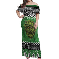 Personalized Anglesey Wales Christmas Off Shoulder Maxi Dress Green Man Celtic Knot - Wonder Print Shop