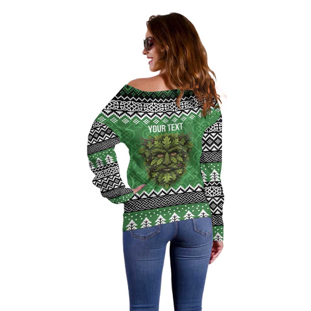 Personalized Anglesey Wales Christmas Off Shoulder Sweater Green Man Celtic Knot - Wonder Print Shop